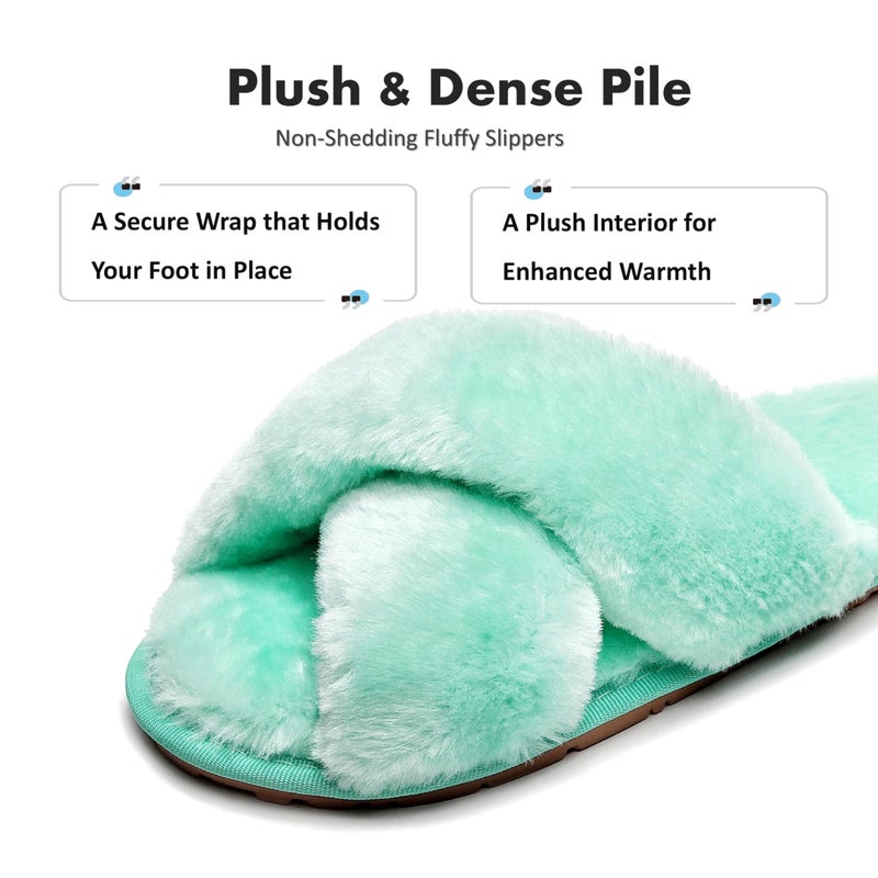 Crazy Lady Women's Fuzzy Fluffy House Slippers Cute Plush Memory Foam Shoes Cross Band Indoor Outdoor Open Toe Sandals(06/Mint, 10-10.5) - Image 4
